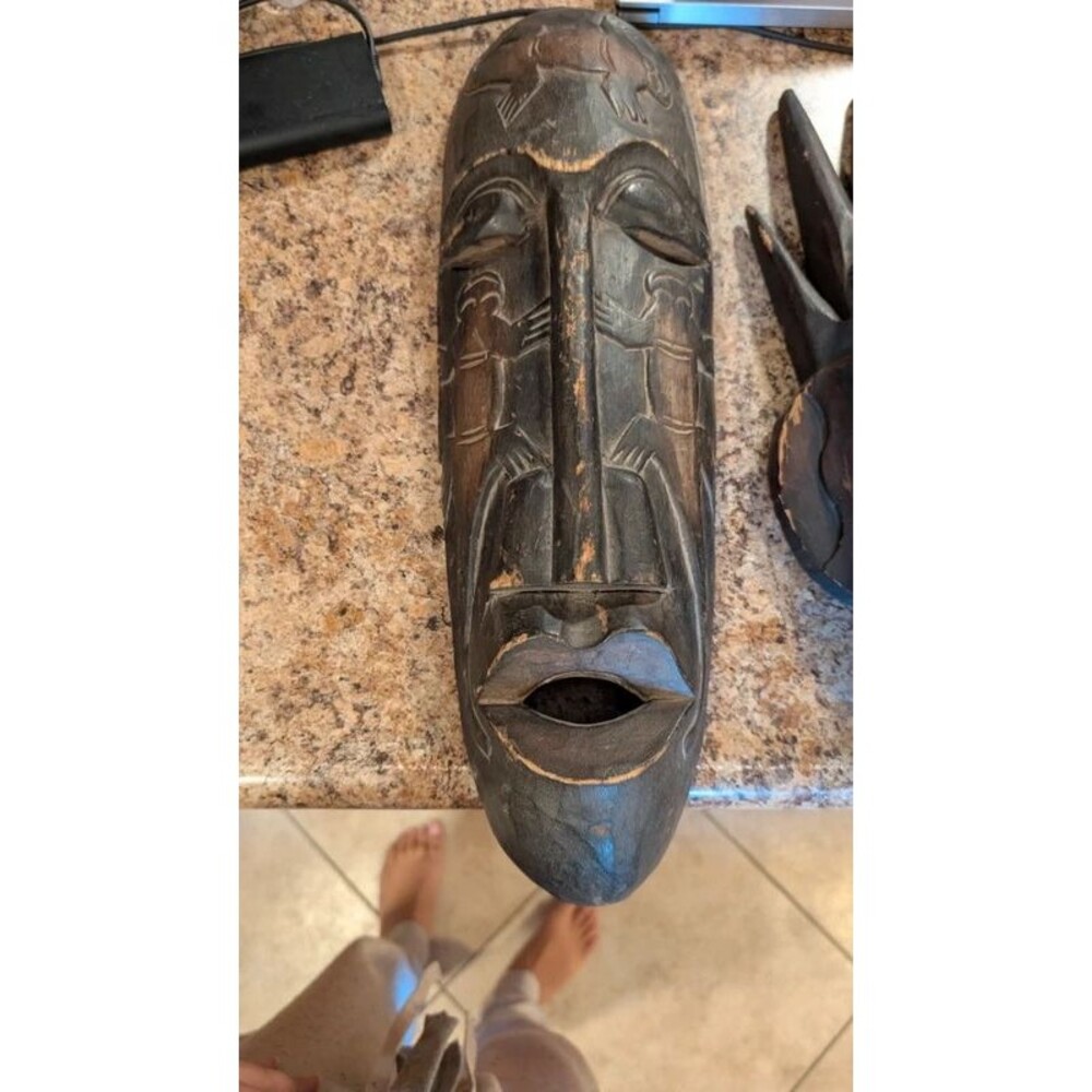 Hand Carved Wood Tribal Style Wall Mask Long Face Vintage Decor